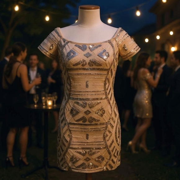 Forever 21 ✦ Sequin Bodycon Dress ✦ Off-Shoulder Peach & Silver Size S NWOT - Picture 14 of 16